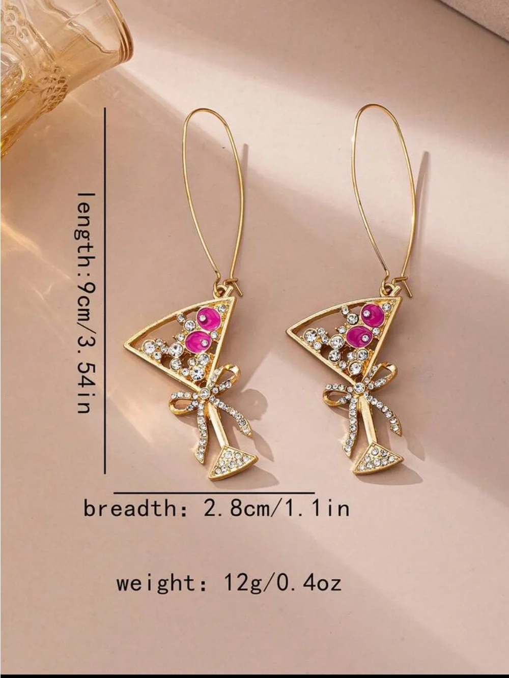 Gold Cocktail Glass Drop Earrings with Pink Accents
